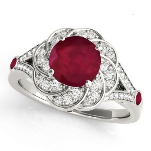 Diamond and Ruby Floral Swirl Engagement Ring 14k White Gold 1.25ct - All