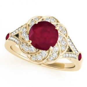 Diamond and Ruby Floral Swirl Engagement Ring 14k Yellow Gold 1.25ct - All