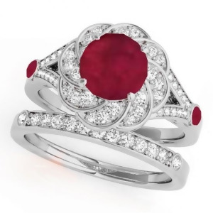 Diamond and Ruby Floral Swirl Bridal Set 14k White Gold 1.35ct - All
