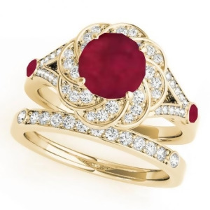 Diamond and Ruby Floral Swirl Bridal Set 14k Yellow Gold 1.35ct - All