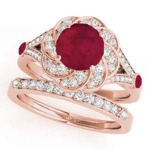 Diamond and Ruby Floral Swirl Bridal Set 14k Rose Gold 1.35ct - All