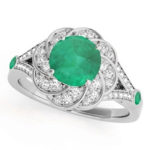 Diamond and Emerald Floral Swirl Engagement Ring 14k White Gold 1.25ct - All