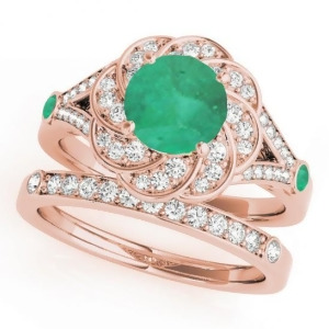 Diamond and Emerald Floral Swirl Bridal Set 14k Rose Gold 1.35ct - All