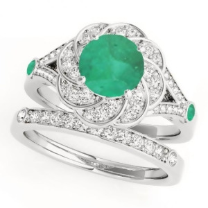 Diamond and Emerald Floral Swirl Bridal Set 18k White Gold 1.35ct - All