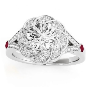 Diamond and Ruby Floral Engagement Ring Setting 14k White Gold 0.25ct - All