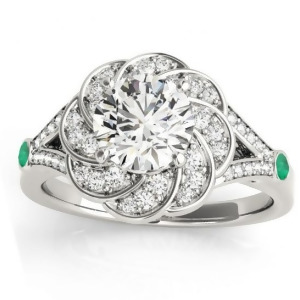 Diamond and Emerald Floral Engagement Ring Setting 14k White Gold 0.25ct - All