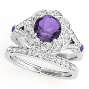 Diamond and Amethyst Floral Swirl Bridal Set 14k White Gold 1.35ct - All