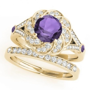 Diamond and Amethyst Floral Swirl Bridal Set 14k Yellow Gold 1.35ct - All