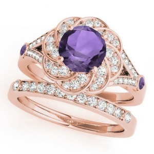Diamond and Amethyst Floral Swirl Bridal Set 14k Rose Gold 1.35ct - All