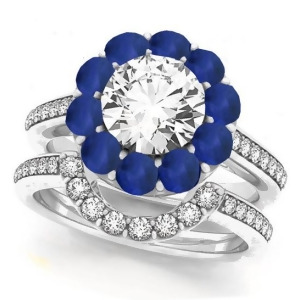 Floral Design Round Halo Blue Sapphire Bridal Set Palladium 2.73ct - All