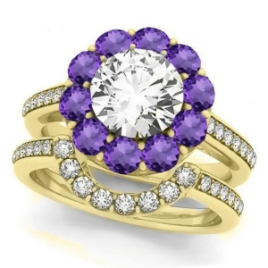 Floral Design Round Halo Amethyst Bridal Set 14k Yellow Gold 2.73ct - All