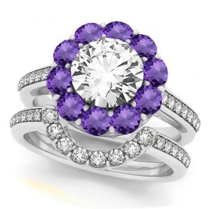 Floral Design Round Halo Amethyst Bridal Set Platinum 2.73ct - All