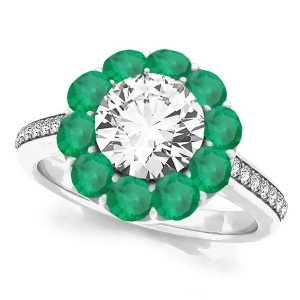Floral Design Round Halo Emerald Engagement Ring 14k White Gold 2.50ct - All