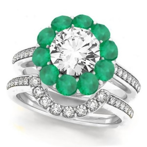 Floral Design Round Halo Emerald Bridal Set 14k White Gold 2.70ct - All