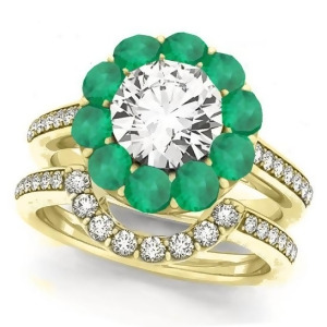 Floral Design Round Halo Emerald Bridal Set 14k Yellow Gold 2.73ct - All