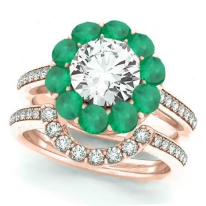 Floral Design Round Halo Emerald Bridal Set 14k Rose Gold 2.73ct - All