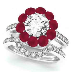 Floral Design Round Halo Ruby Bridal Set 14k White Gold 2.70ct - All