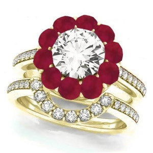 Floral Design Round Halo Ruby Bridal Set 14k Yellow Gold 2.73ct - All
