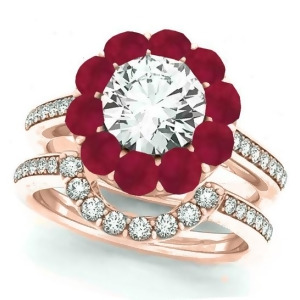 Floral Design Round Halo Ruby Bridal Set 14k Rose Gold 2.73ct - All