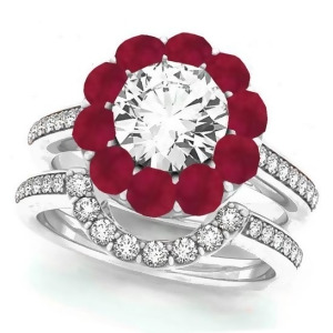 Floral Design Round Halo Ruby Bridal Set 18k White Gold 2.73ct - All