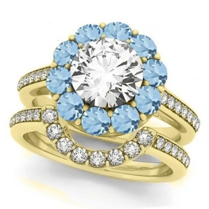 Floral Design Round Halo Aquamarine Bridal Set 14k Yellow Gold 2.73ct - All