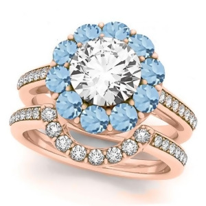 Floral Design Round Halo Aquamarine Bridal Set 14k Rose Gold 2.73ct - All