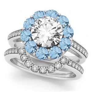 Floral Design Round Halo Aquamarine Bridal Set Platinum 2.73ct - All