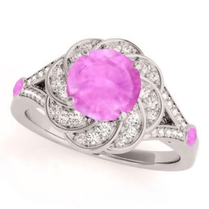 Diamond and Pink Sapphire Floral Engagement Ring 14k White Gold 1.25ct - All