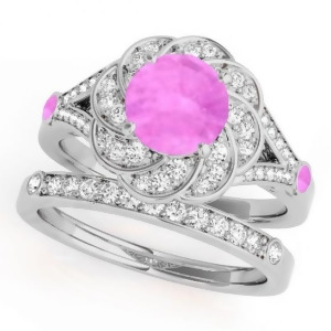 Diamond and Pink Sapphire Floral Swirl Bridal Set 14k White Gold 1.35ct - All