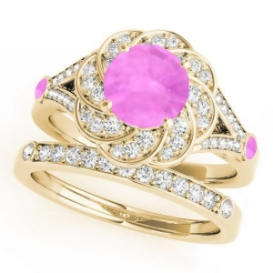 Diamond and Pink Sapphire Floral Swirl Bridal Set 14k Yellow Gold 1.35ct - All