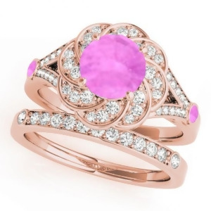 Diamond and Pink Sapphire Floral Swirl Bridal Set 14k Rose Gold 1.35ct - All