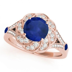 Diamond and Blue Sapphire Floral Engagement Ring 14k Rose Gold 1.25ct - All