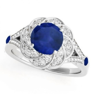 Diamond and Blue Sapphire Floral Engagement Ring 18k White Gold 1.25ct - All