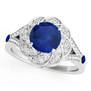 Diamond and Blue Sapphire Floral Engagement Ring Palladium 1.25ct - All