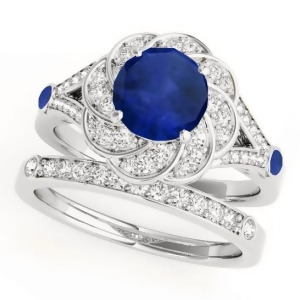 Diamond and Blue Sapphire Floral Swirl Bridal Set 14k White Gold 1.35ct - All