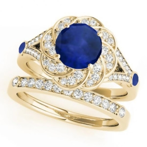 Diamond and Blue Sapphire Floral Swirl Bridal Set 14k Yellow Gold 1.35ct - All