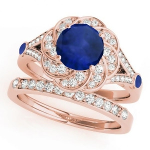 Diamond and Blue Sapphire Floral Swirl Bridal Set 14k Rose Gold 1.35ct - All