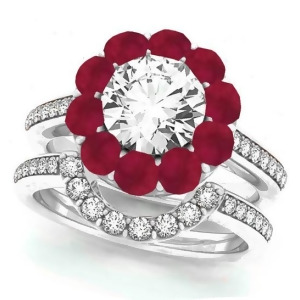 Floral Design Round Halo Ruby Bridal Set Platinum 2.73ct - All