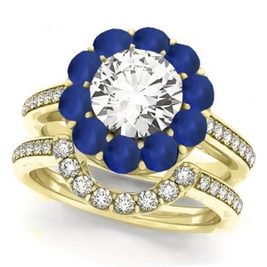 Floral Design Round Halo Blue Sapphire Bridal Set 14k Yellow Gold 2.73ct - All