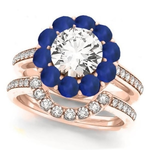 Floral Design Round Halo Blue Sapphire Bridal Set 14k Rose Gold 2.73ct - All