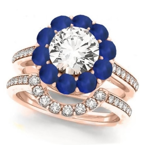 Floral Design Round Halo Blue Sapphire Bridal Set 18k Rose Gold 2.73ct - All