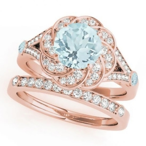 Diamond and Aquamarine Floral Swirl Bridal Set 14k Rose Gold 1.35ct - All