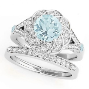 Diamond and Aquamarine Floral Swirl Bridal Set 18k White Gold 1.35ct - All