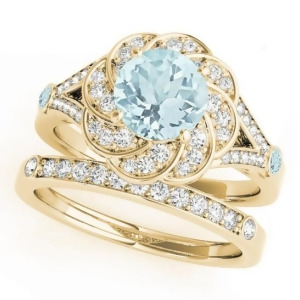 Diamond and Aquamarine Floral Swirl Bridal Set 18k Yellow Gold 1.35ct - All