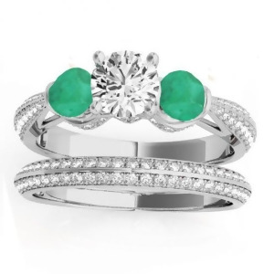Diamond and Emerald 3 Stone Bridal Set Setting 14k White Gold 1.04ct - All
