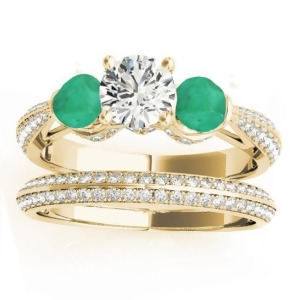 Diamond and Emerald 3 Stone Bridal Set Setting 14k Yellow Gold 1.04ct - All