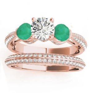 Diamond and Emerald 3 Stone Bridal Set Setting 14k Rose Gold 1.04ct - All