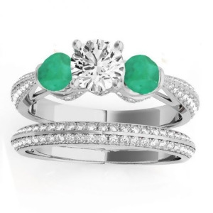 Diamond and Emerald 3 Stone Bridal Set Setting 18k White Gold 1.04ct - All