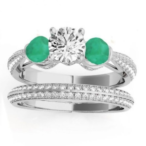 Diamond and Emerald 3 Stone Bridal Set Setting Palladium 1.04ct - All