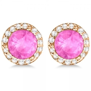 Diamond and Pink Sapphire Earrings Halo 14K Rose Gold 1.15ct - All